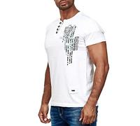 R-Neal Herren T-Shirt Verwaschen mit Knopfleiste und Seitlichem Aufdruck Freizeit Kurzarm-Shirt S - 4XL 6784, Farbe:Weiß, Größe:4XL