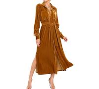 R.Vivimos Herbst Winter Damen Langarm Samt Kleider Button Freizeitkleid Mit Schlitz Turn Down Midi Hemdkleid Mit Taschen(M,Braun)