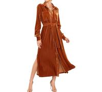R.Vivimos Herbst Winter Damen Langarm Samt Kleider Button Freizeitkleid Mit Schlitz Turn Down Midi Hemdkleid Mit Taschen(M,Rostbraun)