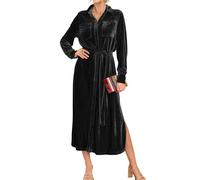 R.Vivimos Herbst Winter Damen Langarm Samt Kleider Button Freizeitkleid Mit Schlitz Turn Down Midi Hemdkleid Mit Taschen(M,Schwarz)
