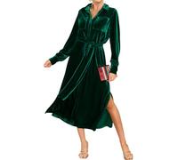 R.Vivimos Herbst Winter Damen Langarm Samt Kleider Button Freizeitkleid Mit Schlitz Turn Down Midi Hemdkleid Mit Taschen(M,Grün)