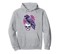 Rabe sitzend auf einem Totenkopf Skelett lila rosa Halloween Goth Pullover Hoodie, Unisex für Erwachsene, Grau Meliert, M