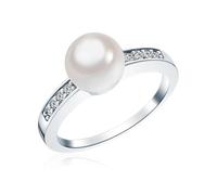 Rafaela Donata Damen Perlenring aus 925/- Sterling Silber mit Muschelkernperle 8 mm Rund Weiß und Zirkonia - Silberring mit Perle Damenring