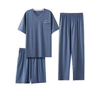 RAFYZY Herren 3-teiliges Modal-Pyjama-Set Sommer Plus Size V-Ausschnitt Kurzarm-Shorts Pjs Set L-4XL,2705,XXL