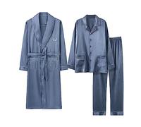 RAFYZY Herren 3-teiliges Satin-Pyjama-Set, Schalkragen-Nachthemd Langarmhosen Pjs-Set mit Langer Robe,1007,L