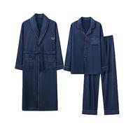 RAFYZY Herren 3-teiliges Satin-Pyjama-Set, Schalkragen-Nachthemd Langarmhosen Pjs-Set mit Langer Robe,1012,L