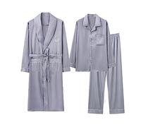 RAFYZY Herren 3-teiliges Satin-Pyjama-Set, Schalkragen-Nachthemd Langarmhosen Pjs-Set mit Langer Robe,1013,XXL