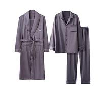 RAFYZY Herren 3-teiliges Satin-Pyjama-Set, Schalkragen-Nachthemd Langarmhosen Pjs-Set mit Langer Robe,1001,XXL