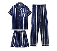 RAFYZY Herren Sommer Pyjama Set 3-teilige Simulation Seide Plus Size Button Up Kurzarmshorts Pjs Set,3018,XL