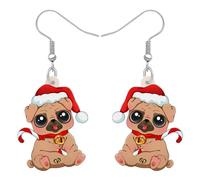 RAIDIN Acryl süße Weihnachten Mops Hund Haustiere baumeln Ohrringe für Hundeliebhaber Anime Welpen Schmuck Geschenke für Frauen Mädchen Kinder Urlaub Party Dekorationen (Braun)