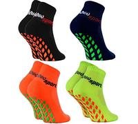 Rainbow Socks - Jungen Mädchen Neon Sneaker Sport Stoppersocken - 4 Paar - Schwarz Orange Grün Blau - Größen 24-29