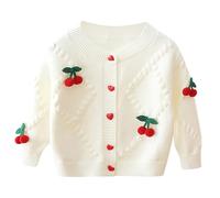 Rainjia 1-7 Jahre Baby Strickjacke Mädchen 74/80/86 Mädchen Bolero Jacke Strickjacke mit Gestrickte Kirschen 92/98/104/116 Cardigan Lange Ärmel Strickware Strickpullover Schuluniform mit Knöpfen