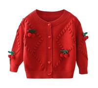 Rainjia 1-7 Jahre Baby Strickjacke Mädchen 74/80/86 Mädchen Bolero Jacke Strickjacke mit Gestrickte Kirschen 92/98/104/116 Cardigan Lange Ärmel Strickware Strickpullover Schuluniform mit Knöpfen