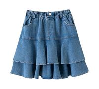 Rainjia 3-13 Jahre Kleine Mädchen Jeansrock mit Rüschen Sommer Herbst Mädchen Hohe Taille Jeans-Skorts mit Shorts unter, plissiert Lagen Jeansrock mit Tasche, Gr. 98-152
