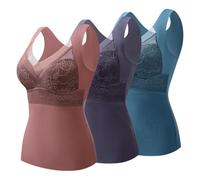Rainjia 3 Stück Thermo Unterhemd mit BH Damen Winter Spitze BH Hemd Basic Oberteil V-Ausschnitt Eingebauter BH Warm Tank Tops Fleece Untershirt Ärmellos Oberteil, S-XXL