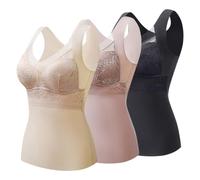 Rainjia 3 Stück Thermo Unterhemd mit BH Damen Winter Spitze BH Hemd Basic Oberteil V-Ausschnitt Eingebauter BH Warm Tank Tops Fleece Untershirt Ärmellos Oberteil, S-XXL