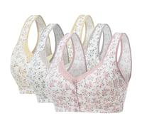 Rainjia BH mit Blumen für Senioren Große Größe 80B-110C, 3er Pack Damen BH mit Vorderverschluss, Stretch Soft BH mit Druckknopf Vorne Schlaf BH ohne Bügel Sport BH für Senioren