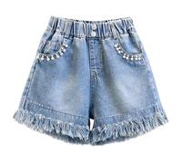 Rainjia Kurze Hose Kinder Mädchen Jeans 3-11 Jahren, Mädchen Sommer Baumwolle Denim Shorts mit perlenverzierte Taschen Kurze Jeans Hose Leicht Denim Hotpants Freizeit Sommerhose Kurze, GR. 104-146