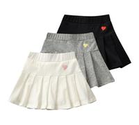 Rainjia Mädchen Faltenrock Schulmädchen Skater Rock mit Hose Gr. 86-14, 3er Pack Solide Sport Rock mit Hose Drunter Tennis Basic Plissee Röcke mit Herzförmiges Stickmuster 2-11 Jahren