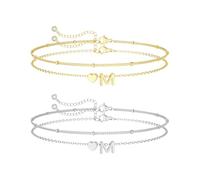 Rainway 2 Stück Freundschaftsarmband, Herz Armband Damen Gold Silber mit Buchstaben, Verstellbare Stapelbare Bracelet, Zierliche Anhänger-Armbänder, Personalisierte Schmuck Geschenk für Frauen Mädchen