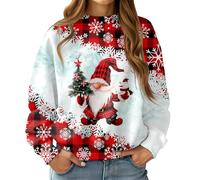RAISEVERN Christmas Sweater Santa Claus Mädchen Damen 3D Weihnachtspullover Hässliche Lustige Plaid Schneeflocke Druck Coole Weihnachtspulli Frau Party Geschenk, Rot Weiß, XL