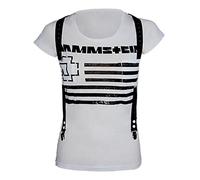 Rammstein Damen T-Shirt Suspender Offizielles Band Merchandise Fan Shirt Weiß mit Schwarzem Front und Back Print Größe M 100% Baumwolle