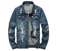 RANMCC Jeansjacke für Herren, schmale Passform, zerrissene Jeansjacke, Dunkelblau, XL