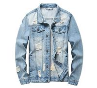 RANMCC Jeansjacke für Herren, schmale Passform, zerrissene Jeansjacke, Hell, blau, XXL