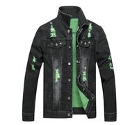 RANMCC Jeansjacke für Herren, schmale Passform, zerrissene Jeansjacke, Schwarz Grün, Large