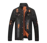 RANMCC Jeansjacke für Herren, schmale Passform, zerrissene Jeansjacke, Schwarz / Orange, Small