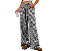 Ranphee Freizeithose Damen 2026 Sommer Karierte Leichte Kusche Schwarz High Waist Palazzo Hose Baggy Elegant Mit Taschen Gummizug Pyjamahose Weite Pants M
