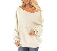 Ranphee Oversize Pullover Damen Herbst Beige Elegante Baumwolle Langarm Sweatshirt ohne Kapuze Damenpullover Cut Out Schulterfreie Fledermausärmel Oberteile