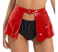 ranrann Damen Wetlook Rock Minirock Sexy Hollow Out Partyrock Skaterrock Kurz Lack Leder Skirt Tanz Gogo Party Clubwear Rot XXL