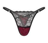ranrann Herren Satin String Tanga Sissy Dessous Slip Unterhose Reizwäsche Unterwäsche mit Spitze Patchwork T-Back Höschen Männer Crossdressing Lingerie Burgundy XXL