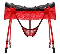 ranrann Herren Slip Strings Tanga Spitzen Unterhose Unterwäsche Bikini Trunks mit Strupmfhalter Transparent Männer Strapsen Lingerie Sissy Dessous Rot_B One Size
