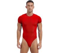 ranrann Männer Body Kurzarm Unterhemd Shirt Eng Einteiler Bodysuit Stringbody Leotard Hohe Beinausschnitt Herren Unterwäsche Dessous Rot L