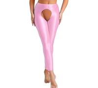 ranrann Strumpfhose Damen Offener Schritt Leggings Glänzend Skinny Tights Ohne Füße Sexy Dessous Lingerie Elastisch Rosa L