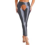 ranrann Strumpfhose Damen Offener Schritt Leggings Glänzend Skinny Tights Ohne Füße Sexy Dessous Lingerie Elastisch Grau M