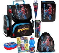 Ranzen Marvel Spiderman Set ergonomischer Schulranzen Federmappe Zuckertüte Schlamperrolle Brotdose Trinkflasche Aufgabenheft für die Grundschule 9er Set Lizenzartikel Marvel Spiderman Spider-man