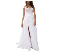 Raopuzi Hochzeitskleid Damen Elegant Spitze Chiffon V-Ausschnitt Abendkleid Brautkleid Kleid Spitzenkleid Split Hochzeitskleid Lange Sommerkleider für Frauen Casual Sommer (White, XL)