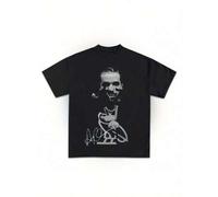 Rap Singer - Drake Hip-Hop Graphic Print T-Shirt- Black Crew Neck Short Sleeve T-shirt with White Graffiti Design, Casual Wear for All Seasons, Regula