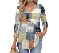 Rapbin Bluse Damen 3/4 Arm Elegant V-Ausschnitt Oberteile mit Knöpfen Blusenshirt Sommer Tops Lässig Tunika Orange kariert M