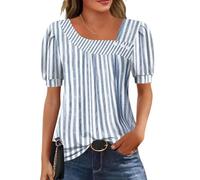 Rapbin Bluse Damen Kurzarm Oberteile Sommer Tops Asymmetrisches Ausschnitt Button T Shirt Elegante Oberteile Casual Tunika Blau-weiß gestreift XL