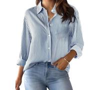 Rapbin Bluse Damen Langarm Blusenshirt V-Ausschnitt Gestreiftes Oberteile Elegant Hemdbluse Baumwolle Button Down Shirts Lockere Casual Business Blusen Blau-weiß gestreift M