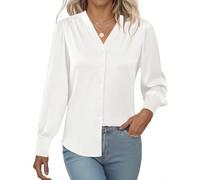 Rapbin Damen Bluse Langarmshirt V-Ausschnitt Hemd Die Seide Elegant Lässige Oberteile Einfarbig Blusenshirt Weiß