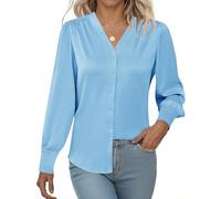 Rapbin Damen Bluse Satin Seide V-Ausschnitt Hemden Elegant Langarm Business Oberteile Lose Langarmshirt mit Knöpfen Blau