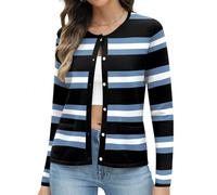 Rapbin Damen Cardigan Kurz Leichte Elegant Strickjacke Langarm Tops Rundhals Pullover Ladies Strickcardigan Herbst (XL,Dreifarbige Streifen)