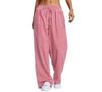 Rapbin Damen Pyjamahose Lang Weich Baumwolle Schlafanzughose Loungehose Freizeit mit Taschen Sommer Karierte Rot-Weiß