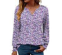Rapbin Damen Top Langarm Elegant Bluse Locker V-Ausschnitt Basic Oberteile Shirt Casual Herbst Tunika (S,Lila und Weiß Blumen)
