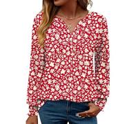 Rapbin Damen Top Langarm Elegant Bluse Locker V-Ausschnitt Basic Oberteile Shirt Casual Herbst Tunika (L,Rote Aprikose Blumen)